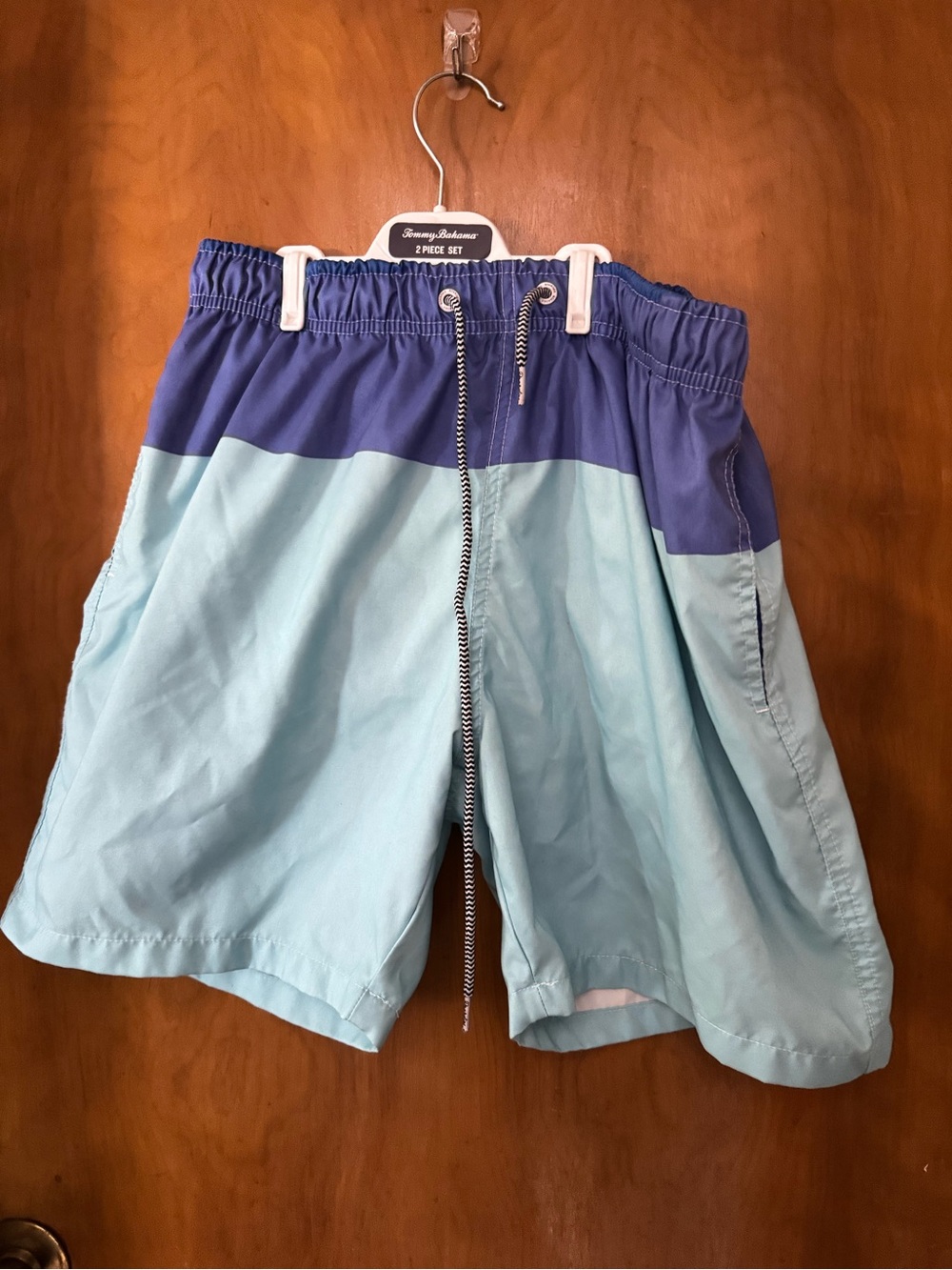 Men's Two-Tone Light Blue & Navy Swim Trunks with Drawcord